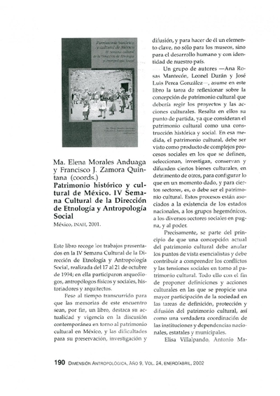 Ma. Elena Morales Anduaga y Francisco J. Zamora Quintana, (coords.), Patrimonio histórico y cultural de México. IV Semana Cultural de la Dirección de Etnología y Antropología Social, México, INAH, 2001.