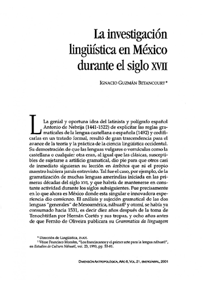 La investigación lingüística en México durante el siglo XVII
