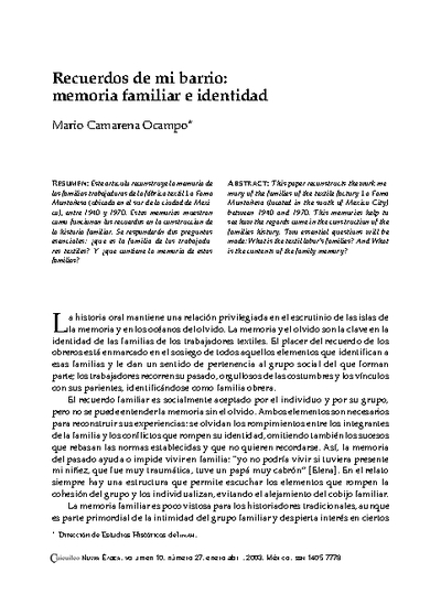 Recuerdos de mi barrio: memoria familiar e identidad