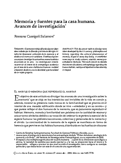 Memoria y fuentes para la casa humana. Avances de investigación