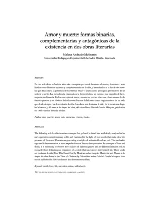 Amor y muerte: formas binarias, complementarias y antagónicas de la existencia. En dos obras literarias: Arráncame la vida y El amor en los tiempos del cólera
