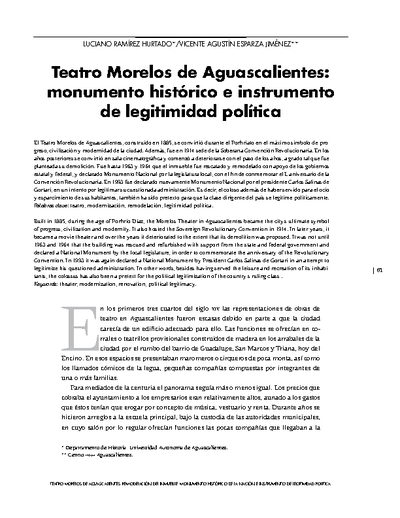 Teatro Morelos de Aguascalientes: monumento histórico e instrumento de legitimidad política