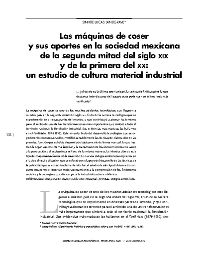 Las máquinas de coser y sus aportes en la sociedad mexicana de la segunda mitad del siglo XIX y de la primera del XX: un estudio de cultura material industrial