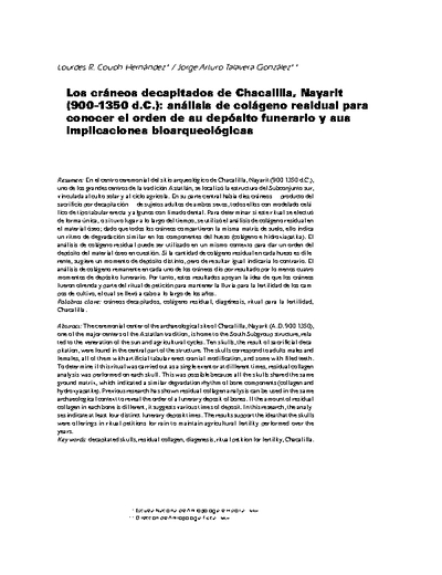 Los cráneos decapitados de Chacalilla, Nayarit (900-1350 d.C.): análisis de colágeno residual para conocer el orden de su depósito funerario y sus implicaciones bioarqueológicas