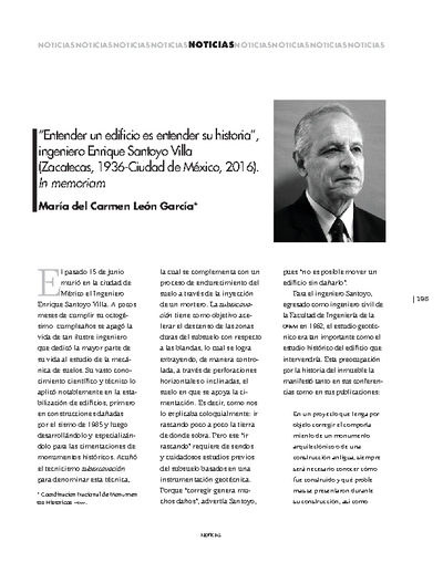 “Entender un edificio es entender su historia”, ingeniero Enrique Santoyo Villa (Zacatecas, 1936-Ciudad de México, 2016). In memoriam