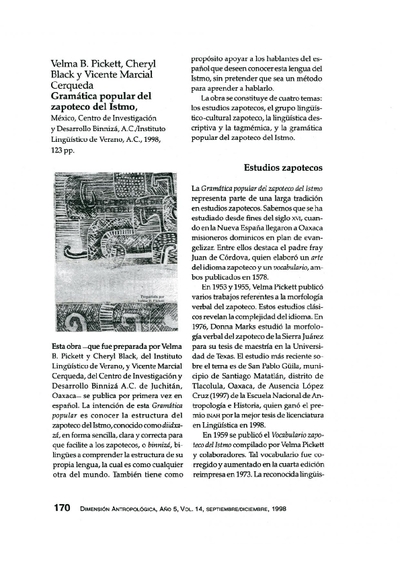 Velma B. Pickett, Cheryl Black y Vicente Marcial Cerqueda, Gramática Popular del Zapoteco del Istmo, México, Centro de Investigación y Desarrollo Binnizá, A.C./Instituto Lingüístico de Verano, A.C., 1998, 1998, 123 pp.