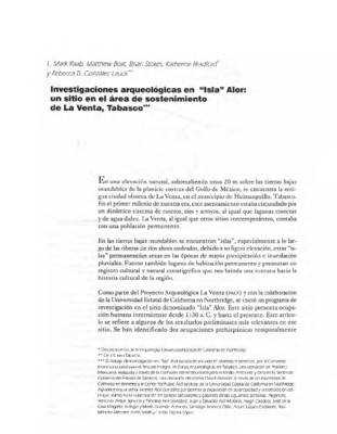 Investigaciones arqueológicas en &quot;Isla&quot; Alor: un sitio en el área de sostenimiento de la venta, Tabasco.