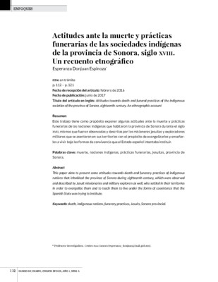 Actitudes ante la muerte y prácticas funerarias de las sociedades indígenas de la provincia de Sonora, siglo XVIII. Un recuento etnográfico