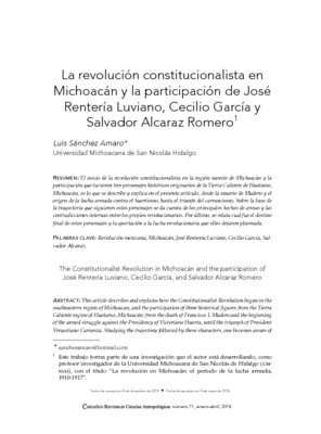 La revolución constitucionalista en Michoacán y la participación de José Rentería Luviano, Cecilio García y Salvador Alcaraz Romero