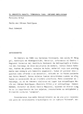 El Proyecto Manatí, temporada 1988. Informe preliminar