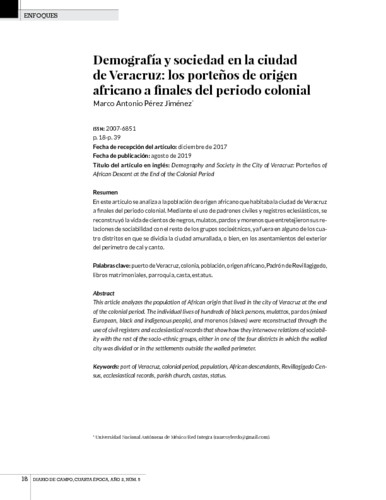 Demografía y sociedad en la ciudad de Veracruz: los porteños de origen africano a finales del periodo colonial