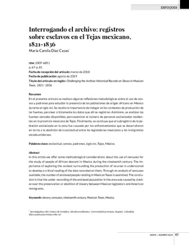 Interrogando el archivo: registros sobre esclavos en el Tejas mexicano, 1821-1836