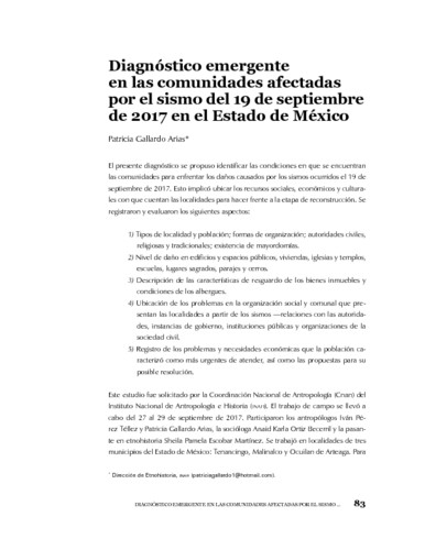 Diagnóstico emergente en las comunidades afectadas por el sismo del 19 de septiembre de 2017 en el Estado de México