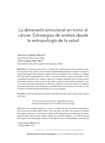 La dimensión emocional en torno al cáncer. Estrategias de análisis desde la antropología de la salud