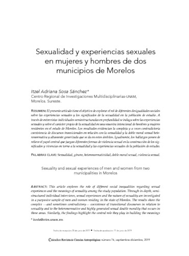 Sexualidad y experiencias sexuales en mujeres y hombres de dos municipios de Morelos