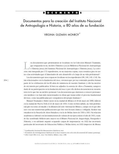 Documentos para la creación del Instituto Nacional de antropología e Historia, a 80 años de su fundación