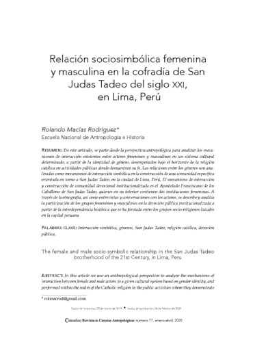 Relación sociosimbólica femenina y masculina en la cofradía de San Judas Tadeo del siglo XXI, en Lima, Perú