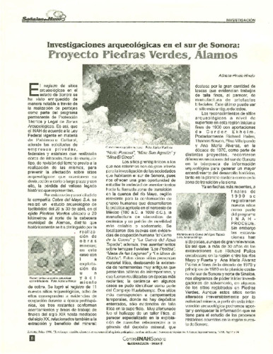 Investigaciones arqueológicas en el sur de Sonora: Proyectos Piedras Verdes, Alamos