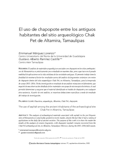 El uso de chapopote entre los antiguos habitantes del sitio arqueológico Chak Pet de Altamira, Tamaulipas