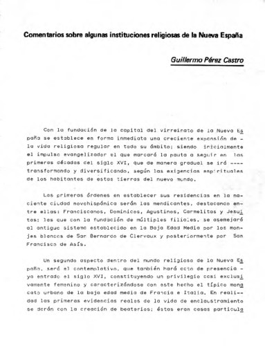 Comentarios sobre algunas instituciones religiosas de la Nueva España