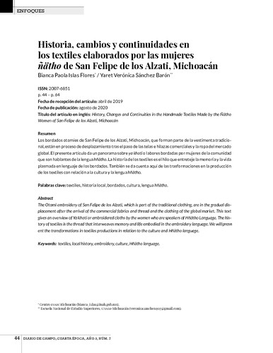 Historia, cambios y continuidades en los textiles elaborados por las mujeres ñätho de San Felipe de los Alzati, Michoacán