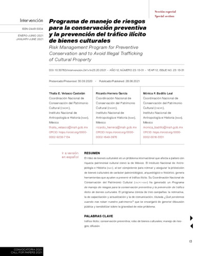 Programa de manejo de riesgos para la conservación preventiva y la prevención del tráfico ilícito de bienes culturales