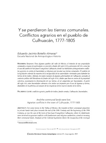 Y se perdieron las tierras comunales. Conflictos agrarios en el pueblo de Culhuacán, 1777-1805