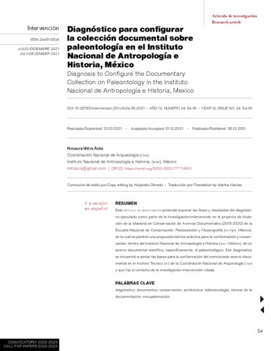 Diagnóstico para configurar la colección documental sobre paleontología en el Instituto Nacional de Antropología e Historia, México