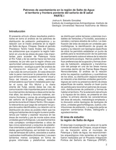 Patrones de asentamiento en la región de Salto de Agua: el territorio y frontera poniente del señorío de B'aakal. Parte I