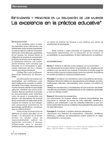 Reflexiones. Estándares y principios en la educación de los museos. La excelencia en la práctica
