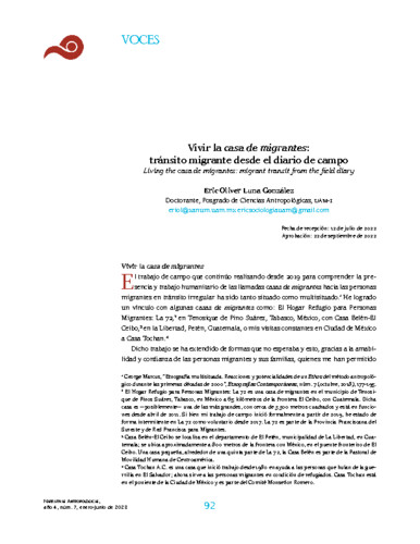 Vivir la casa de migrantes: tránsito migrante desde el diario de campo