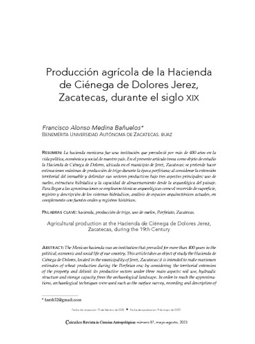 Producción agrícola de la Hacienda de Ciénega de Dolores Jerez, Zacatecas, durante el siglo XIX