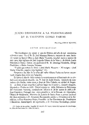 Juicio referente a la personalidad de don Valentín Gómez Farías.