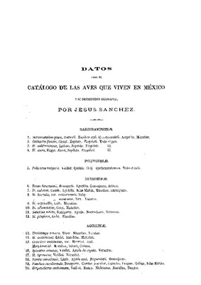 Zoología.- Datos para el catálogo de las aves que viven en México y su distribución geográfica.