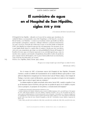 El suministro de agua en el Hospital de San Hipólito, siglos XVII y XVIII