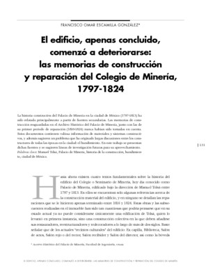 El edificio, apenas concluido, comenzó a deteriorarse: las memorias de construcción y reparación del Colegio de Minería, 1797-1824
