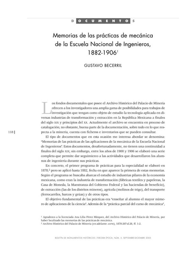 Memorias de las prácticas de mecánica de la Escuela Nacional de Ingenieros, 1822-1906