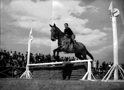 JInete guía a caballo para saltar obstáculo