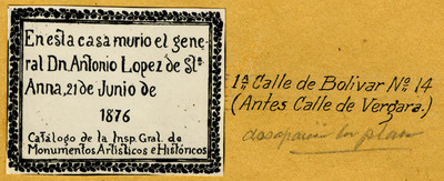 Placa en 1° Calle de Bolivar N° 14