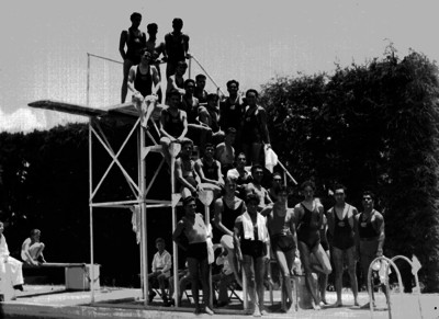 Nadadores a la orilla de una alberca y sobre el trampolín, retrato de grupo