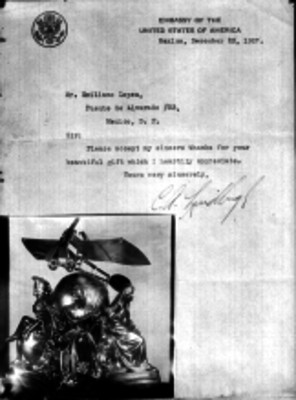 Carta de agradecimiento por parte de Charles Lindbergh y dirigida al Sr. Emiliano López