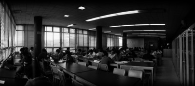 Universitarios en interior de biblioteca