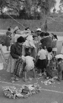 Personas recogiendo fruta de una piñata durante una posada