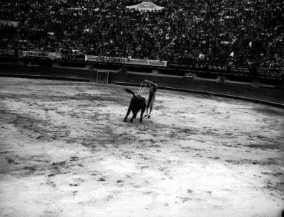 Fermín Espinosa "Armillita" ejecuta un par de banderillas de gaona durante una corrida