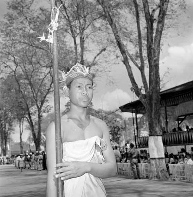 Mujer con traje folclórico durante un desfile, retrato