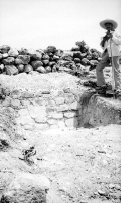 Hombre de pie junto a excavación arqueológica