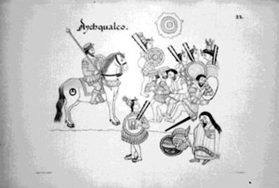 Lámina 23 con la llegada de Cortés al poblado de "Aychqualco"