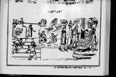 Xochimilcas y tepanecas construyen calzada por mandato del tlatoani mexica Itzcoatl, Códice Durán