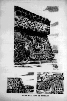 Boceto del Templo de las serpientes emplumadas de Xochicalco, reprografía