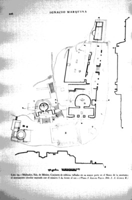 Plano de la zona arqueológica de Malinalco, reprografía bibliográfica